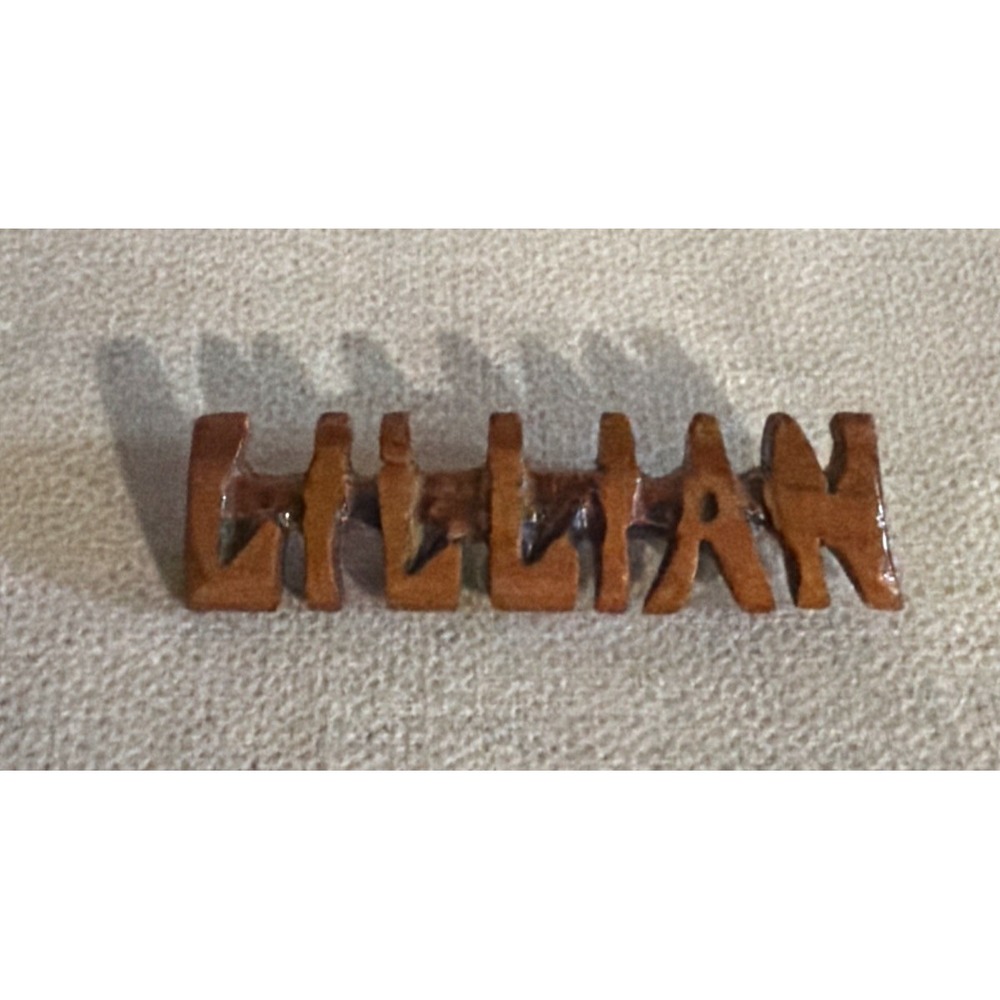 Vintage Hand Carved Wooden LILLIAN Lapel Pin - 2" x 1/2"